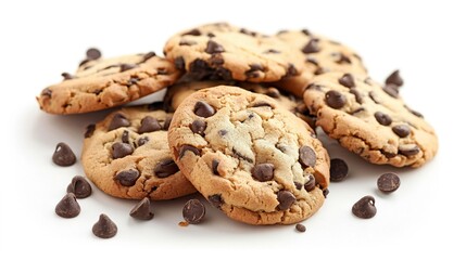Close-up of chocolate chip cookies on white background. Multiple cookies stacked and isolated. Crumbly texture and sweet aroma of freshly baked treats.