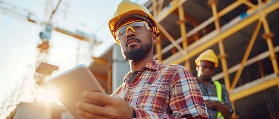 A construction worker using a tablet on a building site during sunset.