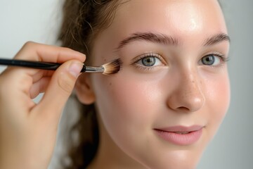 Fototapeta premium Young caucasian woman with spoolie brush on light background, close-up. Facial beauty expert gently shaping eyebrows with precision tool. Eyebrow correction and care for beautiful face and skin.