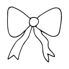 Cute hand drawn big bow. Black line doodle vector illustration for wedding and nursery design, logo and greeting card. Doodle decoration clip art for celebrating, party. Isolated on white.