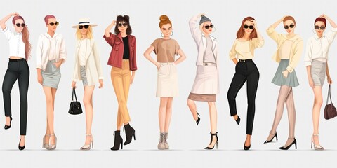 Fototapeta premium Young woman in casual attire with light background. Fashionable caucasian girl wears jacket and sunglasses. Autumn colors on clothing and hair. Beautiful model poses outdoors in city street.