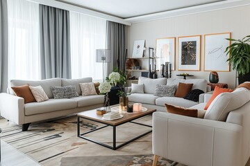 Fototapeta premium Cozy living room interior with comfortable furniture. Soft grey, white colors. Modern flat design. Comfortable armchair, sofa. Plaid cushion on couch. Houseplant on shelving unit. Lamp on table.