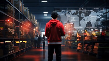 A person in a warehouse interacts with a digital interface displaying global data.