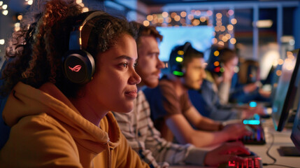 Fototapeta premium Focused gamers in internet cafe engaged in esports tournament with headsets