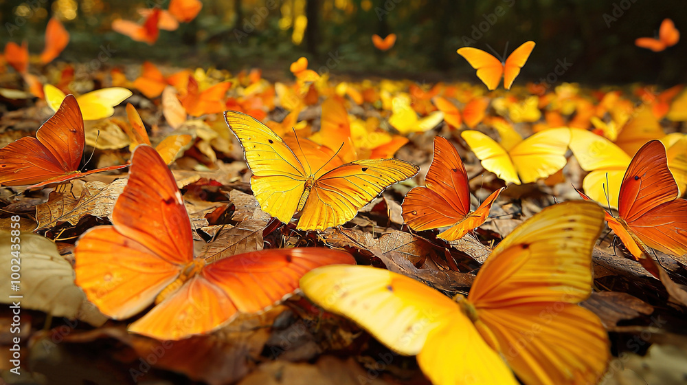 Sticker   A cluster of orange butterflies perched atop a heap of rusty foliage