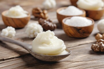 Fototapeta premium Shea butter in spoon and bowl on wooden background, close-up. Rich, creamy natural moisturizer for skin care and beauty treatment. Edible ingredient for food and cosmetic products.