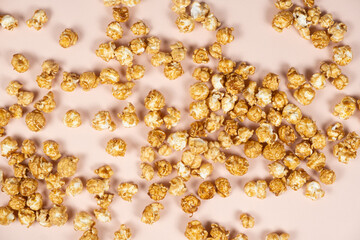 Sweet caramelized popcorn top view close up