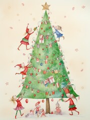 A group of elves are playing around a Christmas tree