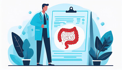 Gastroenterologist reviewing a healthy intestine in a modern clinic, illustration generative AI