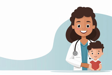Smiling pediatrician with child in medical office with copy space.