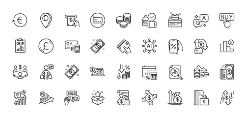 Buying, Bid offer and Bitcoin line icons pack. AI, Question and Answer, Map pin icons. No card, Report, Online accounting web icon. Discounts app, Pound money, Card pictogram. Vector