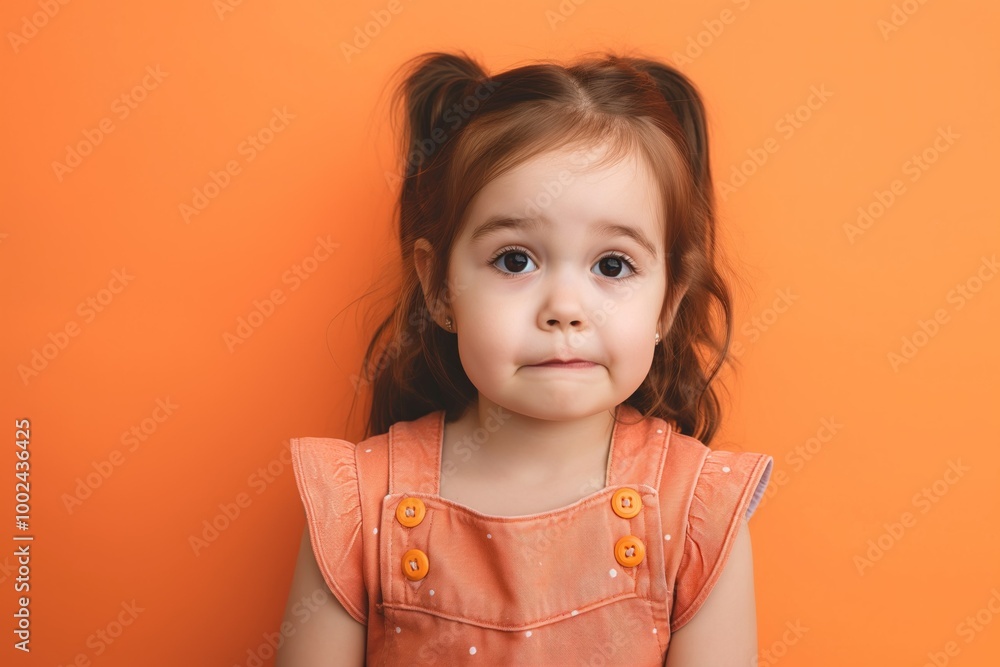 Wall mural little girl with bright orange background. emotional, excited, surprised expression on face. wears c