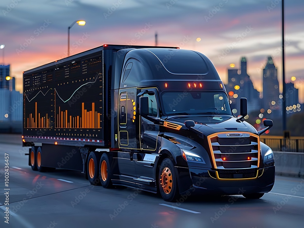 Wall mural a modern truck with a digital display, driving through a city at dusk.