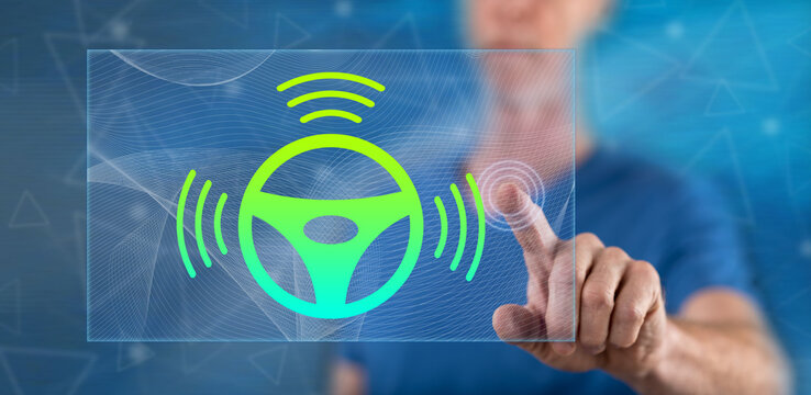 Man touching a self-driving car concept