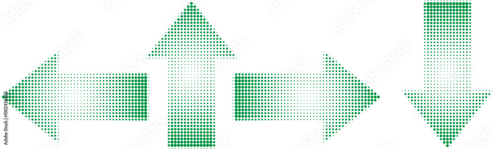 Wall mural four directions arrows green halftone icon. four side arrow icon sign symbol made of retro halftone 