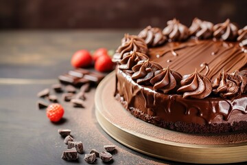Close-up of rich, mocha-colored chocolate cake on colorful background. Cake smooth, creamy glaze, crumbly texture visible. Delicious dessert for birthday celebrations, special occasions, everyday