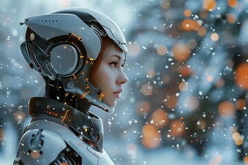 A futuristic humanoid robot in a snowy landscape, showcasing advanced technology and design.