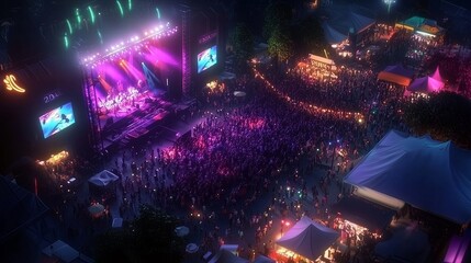 Vibrant Aerial View of Outdoor Music Festival at Night with Colorful Lights and Crowds