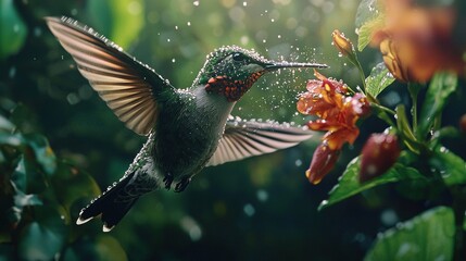 Fototapeta premium A hummingbird feeds on a flower while water droplets glisten on its wings, and a blooming flower fills the foreground
