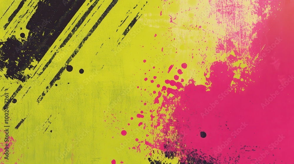 Poster abstract colorful splashes of pink, yellow, and black creating a dynamic visual effect.
