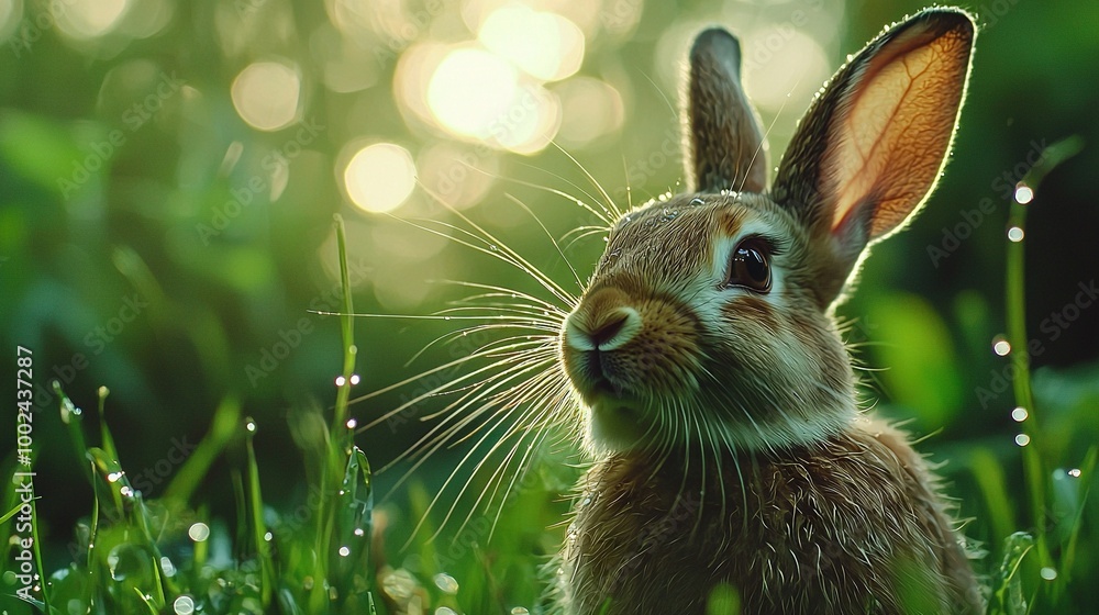 Canvas Prints   A close-up of a rabbit in a field of dewed grass with trees in the backdrop