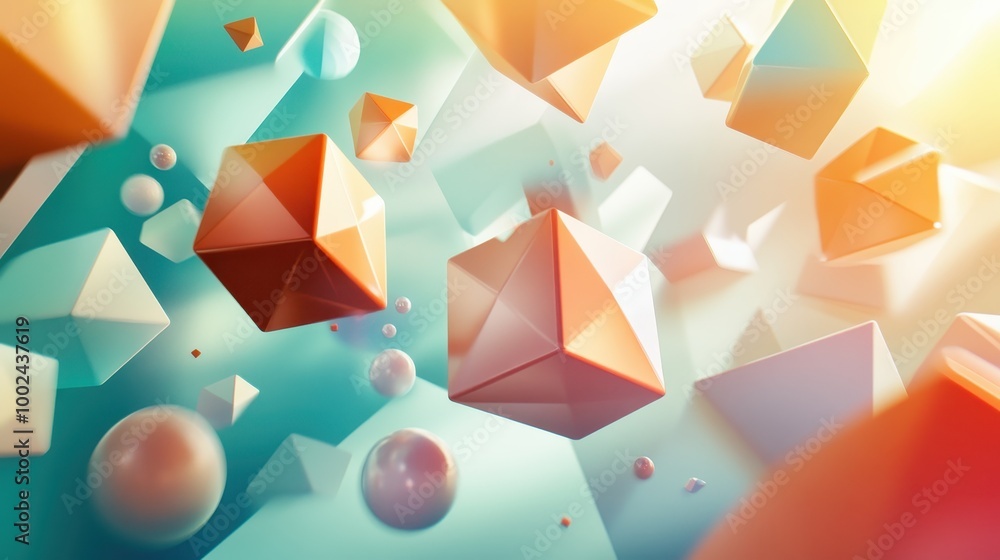 Poster abstract composition of floating geometric shapes in vibrant colors and soft lighting.