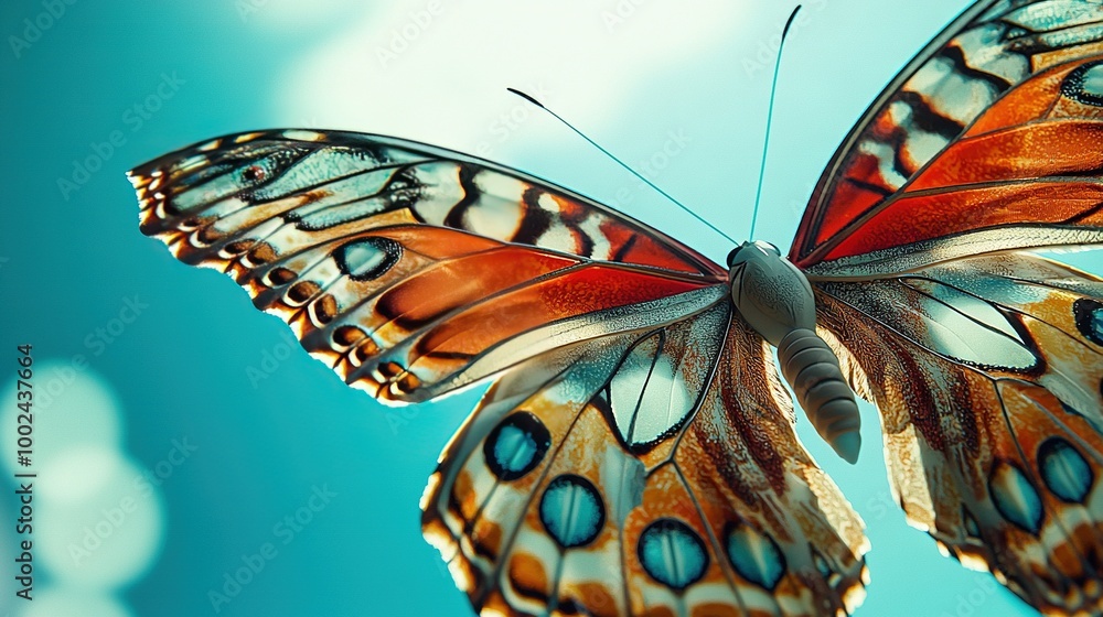 Poster   A zoomed-in photo of a butterfly soaring through the sky against a blue backdrop with white clouds surrounding it