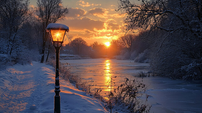 A beautiful winter sunset over a frozen river with a broken lamp post along the snowy boardwalk