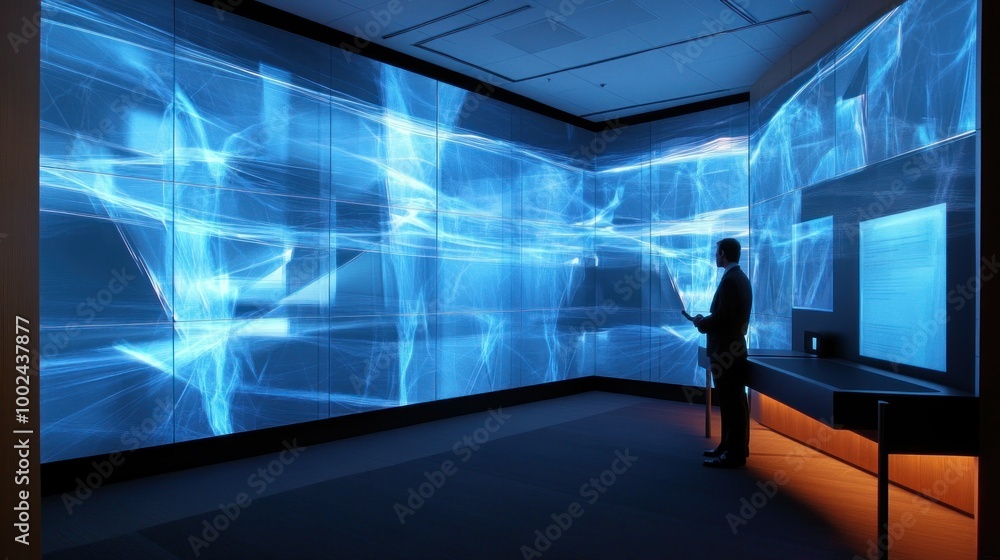 Poster man standing before large blue digital display in a modern room