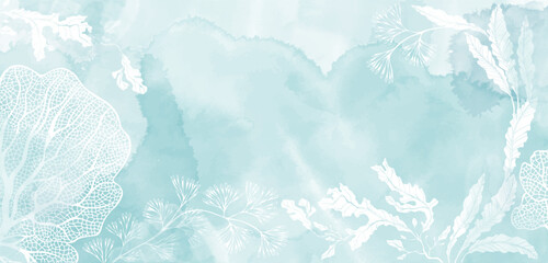 Luxury invitation card background on a marine theme with seaweed on a blue watercolor background. Abstract art background, cover template. Vector design with space for text.