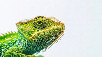 Obraz premium A close-up of a green chameleon's head against a light blue sky in the background