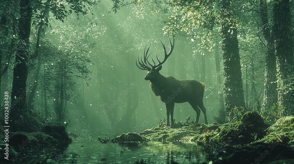 Canvas Prints   A majestic deer stands beside a serene body of water surrounded by lush trees in the distance