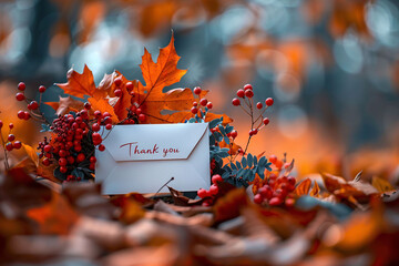 A stunning image of a white envelope with a handwritten thank you note, surrounded by vibrant autumn leaves and red berries, perfect for celebrating Thanksgiving and expressing gratitude