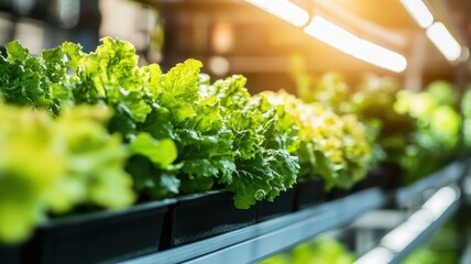 Hydroponic lettuce farm. Fresh green lettuce growing in a hydroponic system indoors under LED grow lights. Concept of urban farming, sustainable agriculture, and healthy food production.