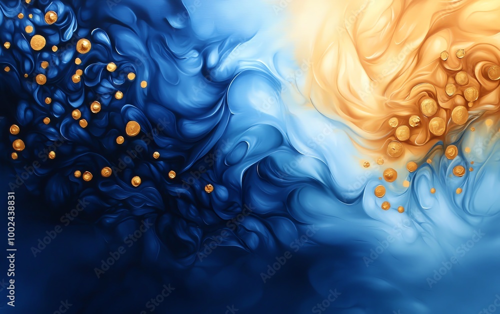 Poster abstract background with blue and orange fluid art design, featuring swirling patterns and textures 