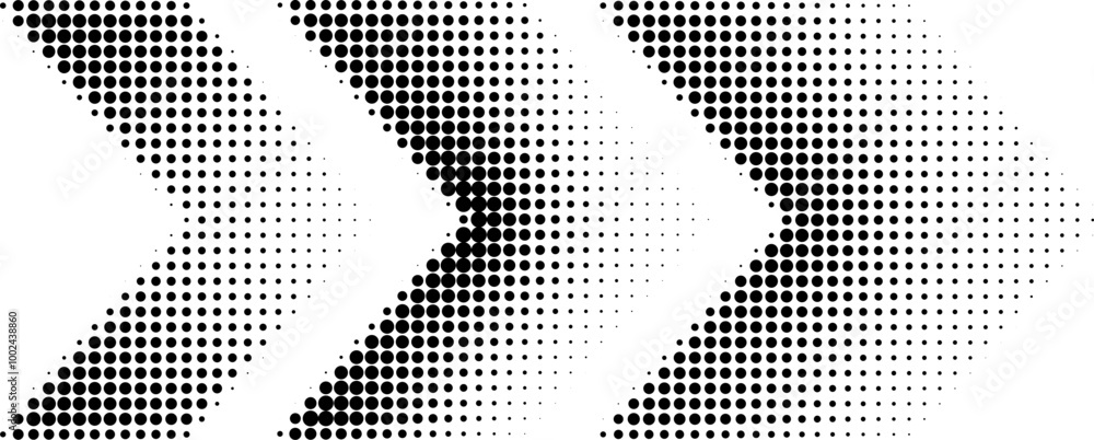 Sticker abstract arrow symbol created from dots, halftone effect. retro halftone style arrow in three sizes 
