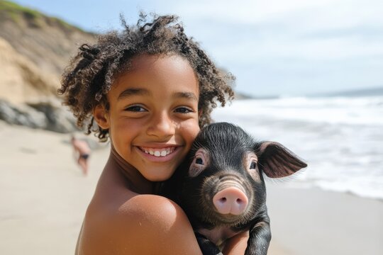 Piggy Back. Beach Portrait: Black Child Fostered by Loving Family Bonding on California Holiday