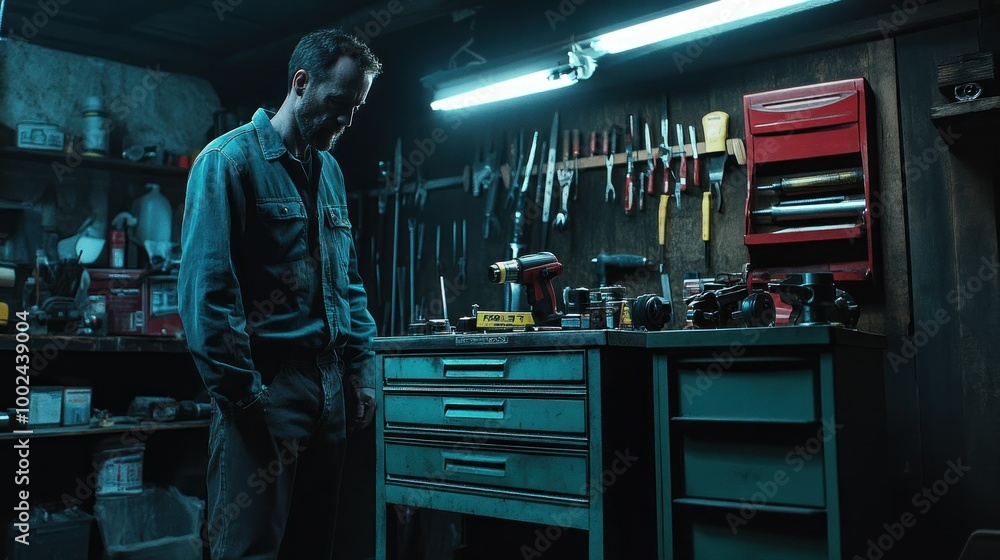 Poster a man stands in a dark garage with a tool chest and wall-mounted tools
