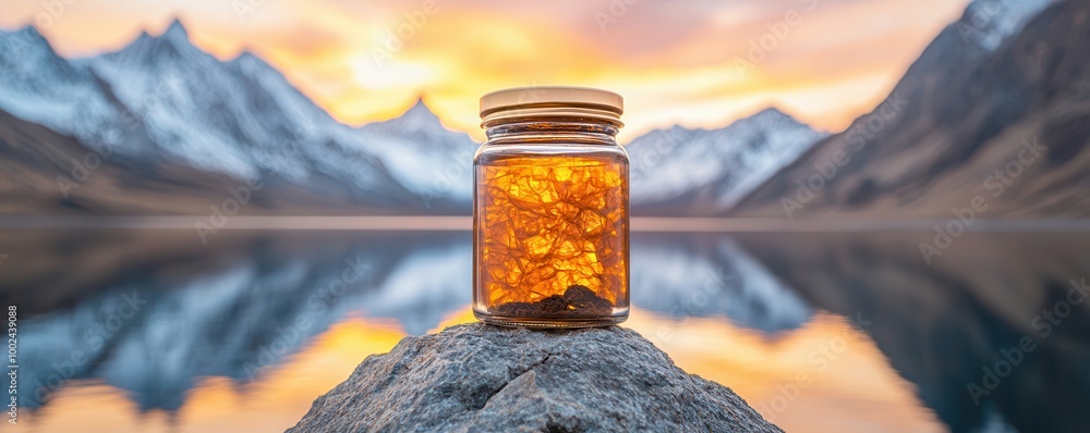 Poster Glass Jar with Dried Flowers on a Rock by the Lake at Sunset.