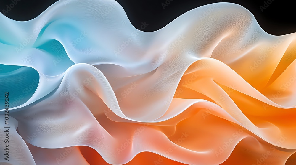 Poster abstract flowing fabric in vibrant tones of blue, white, and orange, creating a mesmerizing wave-lik