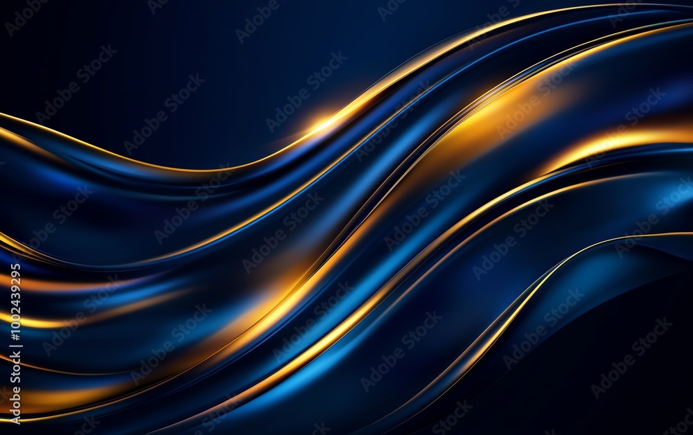Poster abstract fluid waves with dark blue and gold gradients, creating an elegant and dynamic composition 