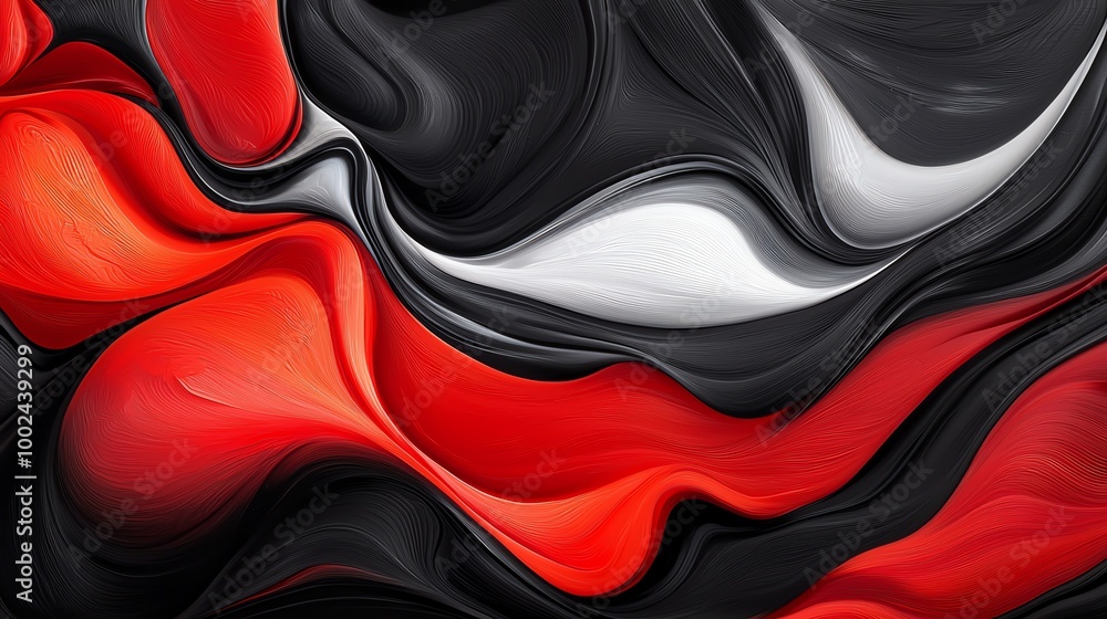 Poster abstract fluid art with vibrant red, black, and white colors, creating a mesmerizing and dynamic vis