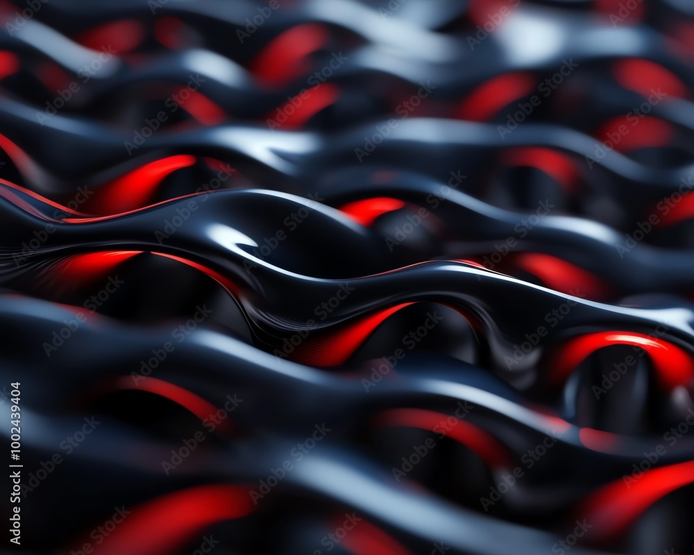 Poster abstract image featuring dark metallic waves with red highlights, showcasing fluidity and motion in 