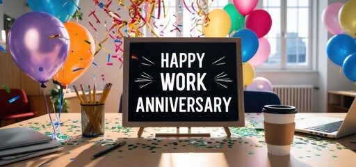 Happy Work Anniversary Chalkboard with Office Decorations
