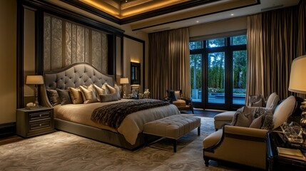 Luxurious Bedroom with Large Bed, Plush Furniture, and Scenic View