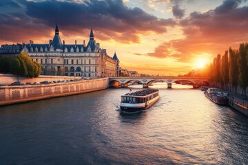 Fototapeta premium Seine. Romantic Cityscape with Conciergerie and Pont Neuf in Paris, France. Historic Landmark on Seine River at Sunset