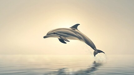 Naklejka premium A dolphin leaps from the sea under a light blue sky, with sunlight glinting off the water