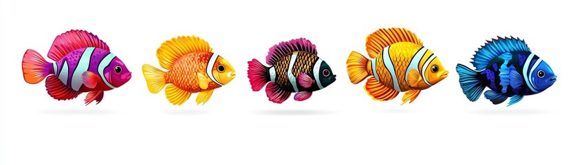 Fototapeta premium Colorful tropical fish in a row, showcasing vibrant hues and patterns, perfect for marine life, aquarium, and underwater-themed projects.