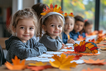 Two smiling preschool girls sit at a table covered in colorful fall leaves, wearing turkey headbands made from construction paper, celebrating creativity and friendship during autumn