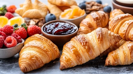 Fototapeta premium The breakfast with croissant as the main character conveys luxury, simplicity but high taste, perfect for advertising food or to emphasize a lifestyle that cares about quality and internationalism.